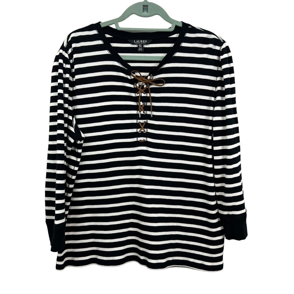 Lauren Ralph Lauren Black Label Thermal Sweater Stripe Black White Women XXL*